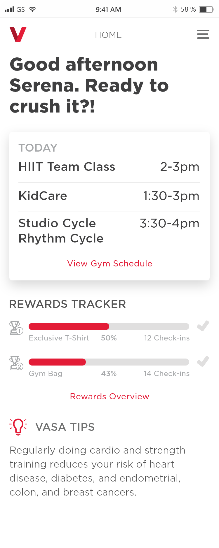 VASA homescreen with rewards